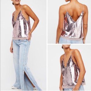 Free People Pink Swinging Sequins Lace Tank Top